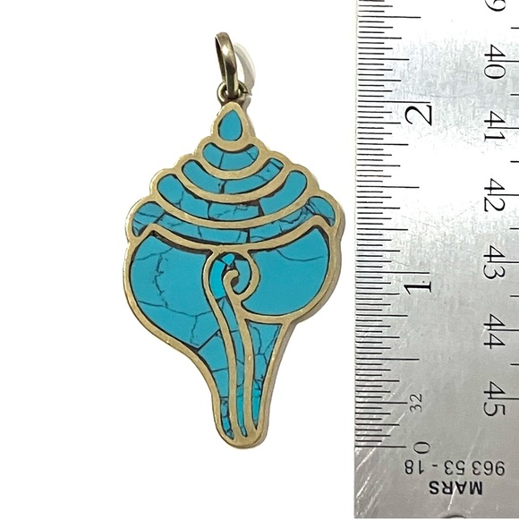 Turquoise Inlay Brass Conch Shell Pendant - Picture 4 of 4